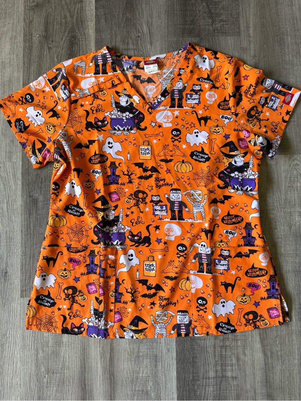 Dickies Halloween Scrub Top Women L Orange Spooky Print DK616